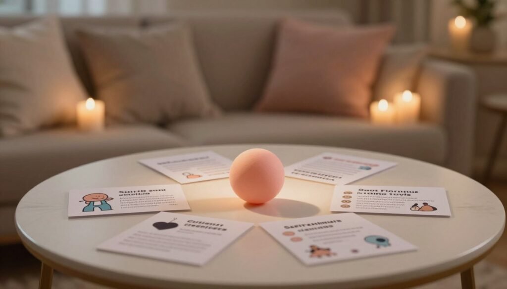 A cozy and intimate setting focused on the important tips for safe use of a gag ball in a playful and creative manner. In the foreground, a well-organized display of safety guidelines artfully arranged on a tasteful table, including a sleek gag ball made of soft material. In the middle, subtle lighting softly illuminates the scene, creating a warm atmosphere. In the background, a romantic, softly lit space featuring comfortable cushions and candles, adding to the inviting vibe. The image captures a cinematic essence with soft focus, inviting viewers to explore the theme of innovative uses while emphasizing safety. The overall mood is warm and educational, highlighting the romantic moments for couples in creative play.