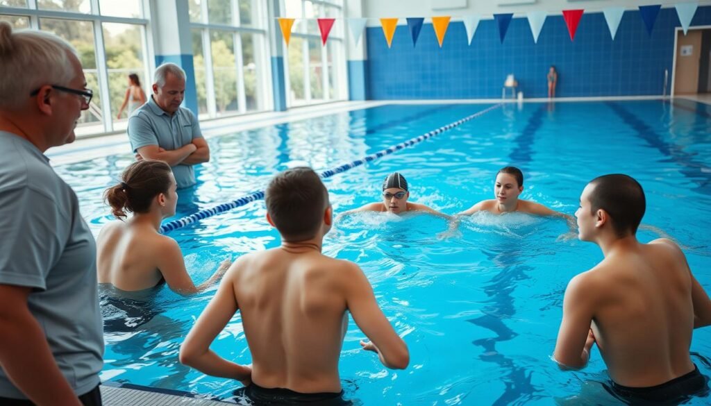 A dynamic scene of a swimming coaching team training young athletes in a vibrant indoor swimming pool. In the foreground, several coaches, dressed in modest athletic attire, are actively demonstrating techniques at the poolside, offering encouragement and guidance to focused swimmers in the water. The middle ground shows swimmers executing strokes while maintaining concentration, their bodies showing determination. In the background, there are large windows allowing natural light to flood in, creating a bright and energetic atmosphere. The image captures a sense of teamwork, discipline, and dedication, with a clear blue pool reflecting the coaches' and athletes' commitment to excellence in training. The angle should be slightly elevated, showcasing the interaction between coaches and swimmers, conveying a professional yet supportive environment.