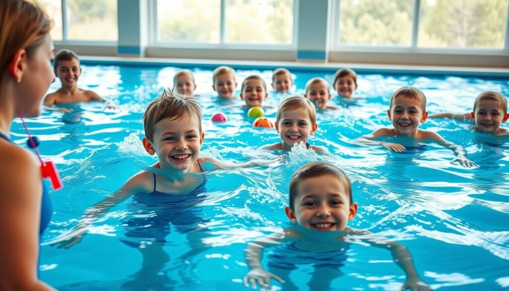 A lively children's swimming class taking place in an indoor pool environment. In the foreground, a group of young children, aged 6 to 10, are smiling and practicing their swimming techniques under the watchful eyes of their certified instructor, who is wearing swimwear and a whistle. The middle ground features bright blue water splashing as kids practice various strokes, with floating pool toys strategically placed around them. In the background, large windows let in soft, natural light, creating a bright and inviting atmosphere. The mood is cheerful and energetic, embodying the excitement of learning new skills while emphasizing the importance of proper technique and safety in swimming.