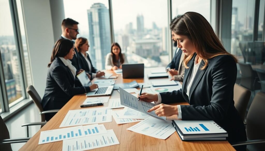 A professional business setting showcasing "capital planning for company establishment." In the foreground, a diverse group of business professionals in business attire, including a woman in a tailored suit analyzing financial documents, surrounded by notebooks and laptops displaying graphs and charts. In the middle ground, a large wooden conference table filled with financial reports and budget calculations, emphasizing cost analysis. The background features a large window with cityscape views, allowing natural light to flood the room, creating a bright and optimistic atmosphere. Soft shadows enhance depth, while the angle captures both the individuals and the workspace, conveying collaboration and strategic planning in the realm of establishing a business.