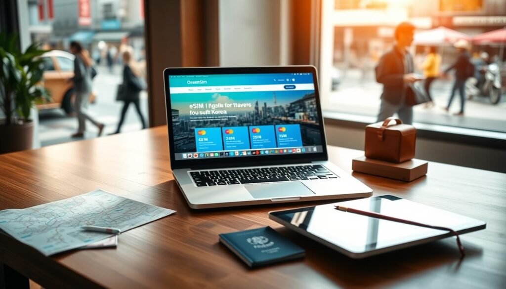 A professional workspace featuring a sleek laptop and a tablet on a polished wooden desk. The laptop screen displays the OceanEsim homepage with a vibrant and colorful user interface, showcasing eSIM plans suitable for travelers in South Korea. Soft, natural light streams in from a nearby window, creating a warm and inviting atmosphere. In the background, a blurred view of a busy street in South Korea, hinting at a vibrant city life, enhances the travel theme. The overall mood is tech-savvy and travel-oriented. The scene is organized with the electronic devices as the focal point, surrounded by travel-related items like a map and a passport, contributing to a sense of adventure and preparation.