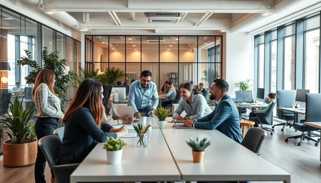 A modern flexible office space showcasing the advantages of collaborative work environments. In the foreground, a diverse group of professionals in business casual attire are engaged in lively discussions around a large, shared table. The middle of the scene features stylish, adaptable workspaces with ergonomic furniture, plants, and large windows letting in natural light. In the background, glass partitions create a sense of openness while still providing privacy for small meetings. Soft, warm lighting enhances the positive atmosphere, encouraging creativity and teamwork. The composition is captured from an inviting angle, highlighting the dynamic and inspiring nature of a flexible office model. Overall, the mood is vibrant, productive, and inclusive, promoting the benefits of shared workspaces.