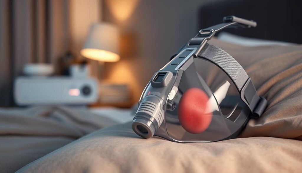 A close-up view of a CPAP mask with a detailed head strap, showcasing signs of allergy irritation on the skin underneath, such as redness and small rashes. The foreground features the CPAP mask positioned on a soft, neutral-colored pillow, highlighting the texture of the head strap material. In the middle ground, a blurred image of a bedside table with a sleeping machine softly illuminated by warm bedside lighting creates a cozy atmosphere. The background features a dimly lit bedroom with subtle colors, enhancing the focus on the mask and the skin irritation. The overall mood is one of concern and awareness about the impact of respiratory machine materials on skin sensitivity.