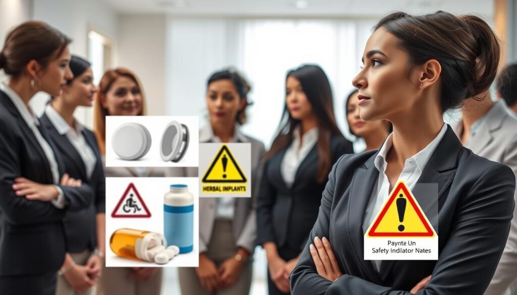 A collage highlighting potential risks associated with breast enhancement methods. In the foreground, a diverse group of professional women in business attire discussing safety indicators, their expressions focused and concerned. The middle ground features visual representations of various breast enhancement techniques, such as surgical implants and herbal supplements, depicted with caution symbols and warning signs. The background shows a serene clinic environment with soft lighting, conveying a sense of professionalism and safety, but with a subtle undertone of caution. The color palette is a mix of soft pastels with vibrant warning colors to juxtapose the mood of safety vs. risk. The overall atmosphere is informative and thought-provoking, inviting viewers to consider the implications of these methods.