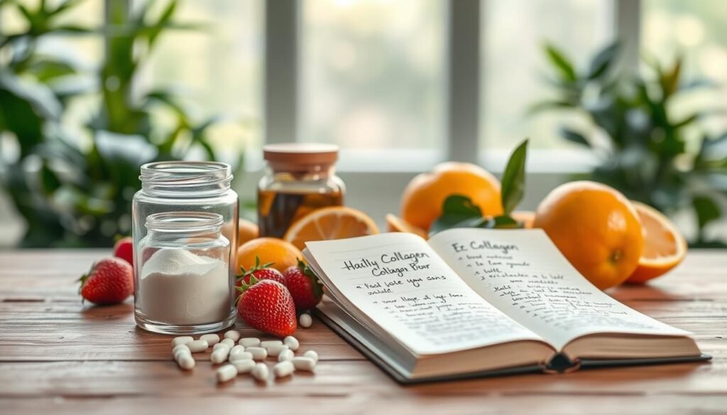 A serene and informative scene depicting a variety of collagen supplements on a wooden table. In the foreground, there are elegant glass jars filled with collagen powder, alongside fresh fruits such as strawberries and oranges to symbolize natural ingredients. The middle ground features a stylish, open notebook with handwritten notes on collagen benefits, emphasizing a natural, healthy lifestyle. The background showcases soft, diffused natural light filtering through greenery, creating an inviting and fresh atmosphere. The overall mood is calming and educational, reflecting the essence of skincare and nutrition. The image should have a shallow depth of field, keeping the focus on the foreground while gently blurring the background elements.