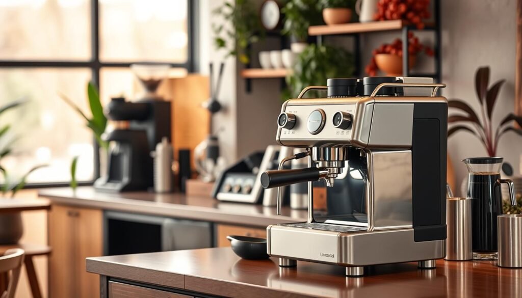 A sleek and modern La Marzocco Linea Micra coffee machine is prominently displayed on a stylish home bar setup, designed for optimal workflow and efficiency. In the foreground, the coffee machine gleams under soft, warm lighting, casting inviting reflections. The middle ground features a beautifully arranged bar counter with high-quality accessories like coffee grinders, espresso cups, and tools, all enhancing the professional aesthetic. In the background, a cozy café-like atmosphere with soft wooden tones and vibrant indoor plants adds warmth and contextual depth. The image has a sharp focus, mimicking a shallow depth of field for an elegant look. The overall mood is sophisticated yet approachable, perfect for coffee enthusiasts seeking to elevate their brewing experience. A sleek and modern La Marzocco Linea Micra coffee machine is prominently displayed on a stylish home bar setup, designed for optimal workflow and efficiency. In the foreground, the coffee machine gleams under soft, warm lighting, casting inviting reflections. The middle ground features a beautifully arranged bar counter with high-quality accessories like coffee grinders, espresso cups, and tools, all enhancing the professional aesthetic. In the background, a cozy café-like atmosphere with soft wooden tones and vibrant indoor plants adds warmth and contextual depth. The image has a sharp focus, mimicking a shallow depth of field for an elegant look. The overall mood is sophisticated yet approachable, perfect for coffee enthusiasts seeking to elevate their brewing experience.