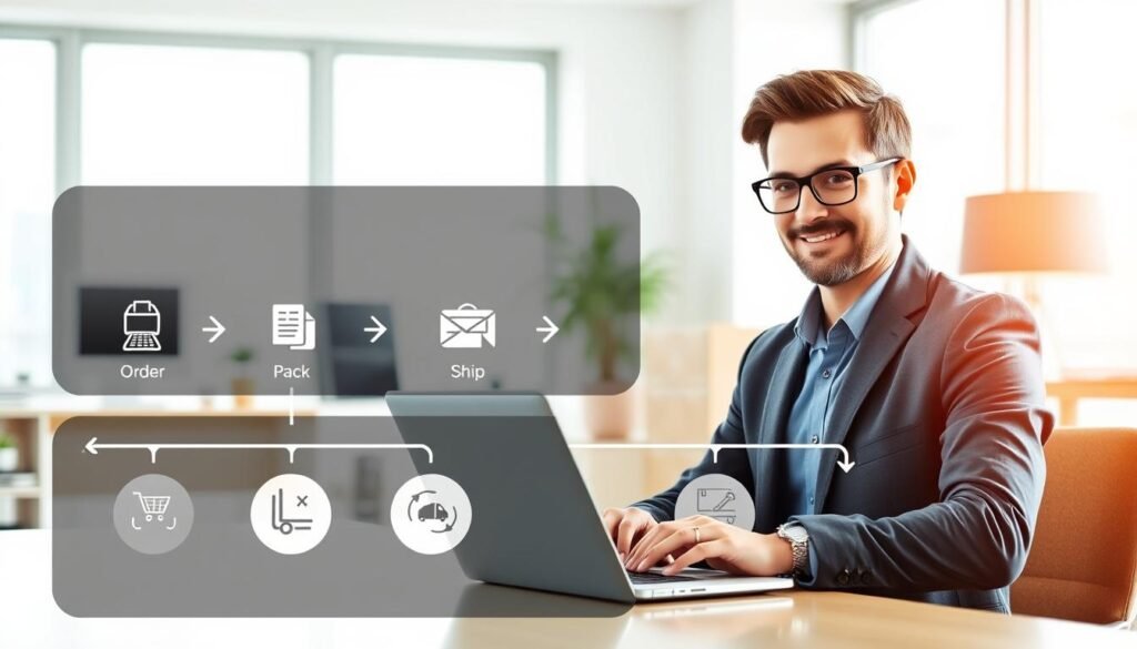 A detailed illustration of a recommended process for purchasing and forwarding items from the United States, featuring organized steps and flowcharts. In the foreground, show a confident business professional in smart casual attire, working on a laptop, with a focus on a user-friendly interface displaying tracking information and shipping options. The middle layer includes neatly arranged icons representing steps like 'Order', 'Pack', 'Ship', and 'Track', with arrows connecting them in a clear flow. The background features a bright office environment, with soft, natural lighting coming through a window, creating an inviting and efficient atmosphere. The overall mood conveys clarity, ease, and professionalism, suitable for a guide on safe and efficient purchasing and forwarding processes.