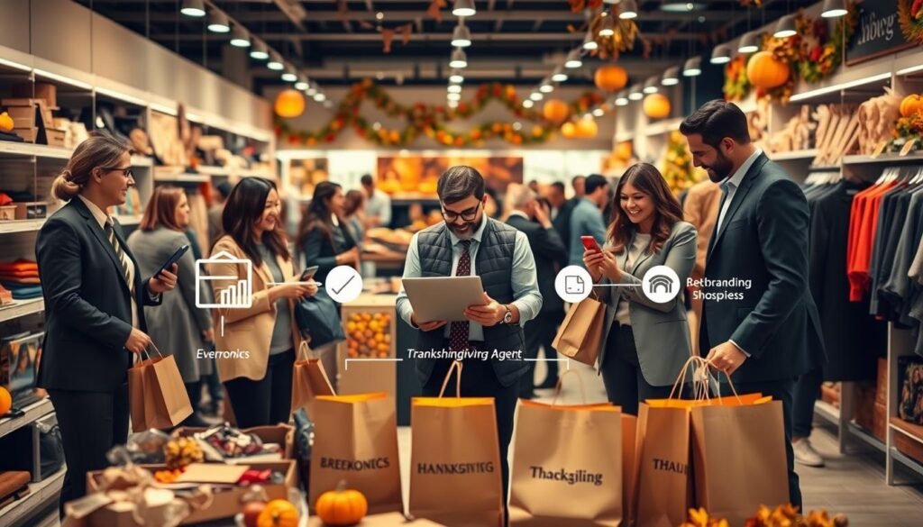 A detailed infographic illustrating the operational process of purchasing items through American agents in the context of the Thanksgiving shopping season. In the foreground, a diverse group of happy shoppers, dressed in professional business attire, examining and discussing various products like electronics, fashion items, and holiday decor in a well-lit store. The middle section depicts an American shopping agent using a laptop, surrounded by shopping bags labeled with popular brands. The background features a cozy, festive atmosphere, with colorful fall decorations and Thanksgiving-themed displays. Soft lighting emphasizes the warmth of the autumn season, creating an inviting yet professional mood. Use a slightly elevated angle to capture the bustling environment effectively.