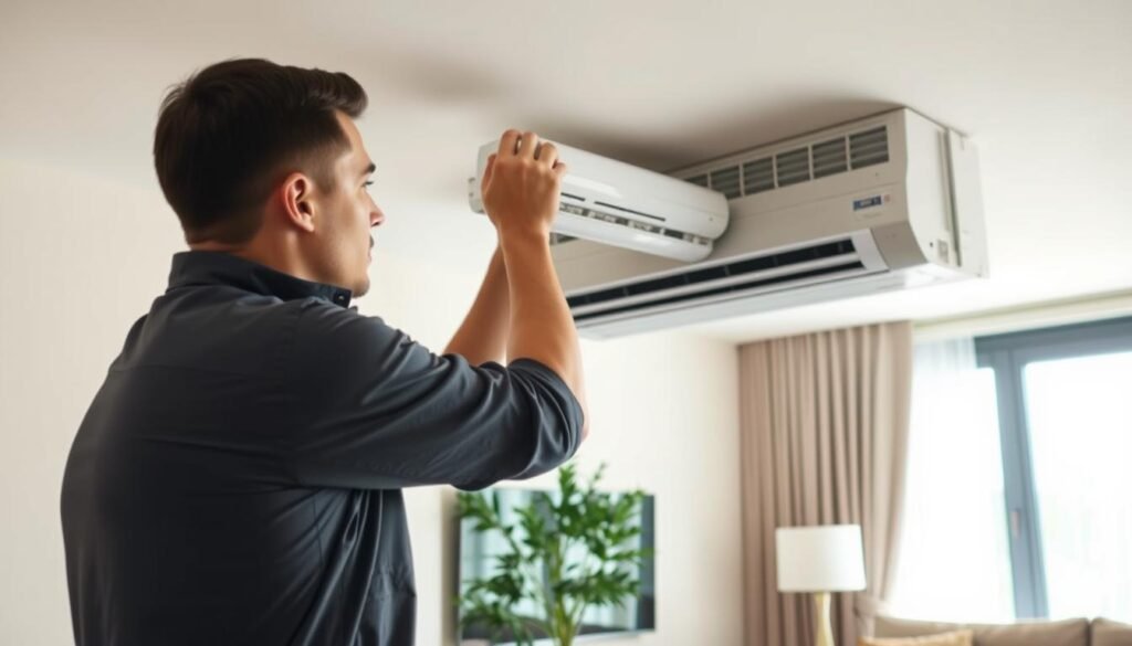 A professional technician installing a split-type air conditioning unit in a modern living room. In the foreground, the technician, dressed in a neat work uniform, carefully positions the indoor unit on the wall. The middle ground features the sleek air conditioner mounted just below a ceiling with adequate clearance from the top and corners, showcasing proper installation guidelines. In the background, a well-furnished room with stylish curtains and minimalistic decor evokes a sense of comfort and professionalism. Soft, natural lighting filters through a nearby window, creating a bright and inviting atmosphere. The angle captures the technician's focused expression as they ensure quality workmanship, emphasizing the importance of proper installation distance from walls and furniture.
