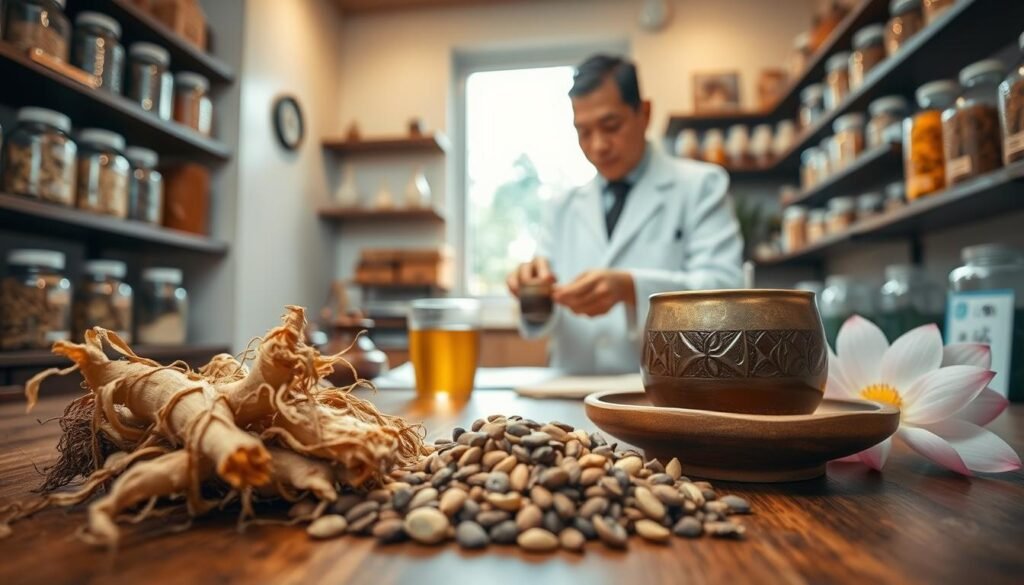 A serene and inviting herbal medicine setting in a traditional Chinese medicine clinic in Sha Tin. In the foreground, herbal ingredients like ginseng, chrysanthemum, and dried lotus seeds are beautifully arranged on a wooden table. The middle ground features a practitioner, a middle-aged Asian man in a white lab coat, carefully preparing a herbal tea, demonstrating expertise and care. In the background, shelves filled with jars of herbs line the walls, softly illuminated by warm, natural light streaming in from a window, creating a calming atmosphere. The angle is slightly elevated, capturing the essence of holistic healing while emphasizing the rich textures and colors of the herbs. The overall mood is tranquil, promoting a sense of well-being and the wisdom of traditional Chinese herbal therapy.