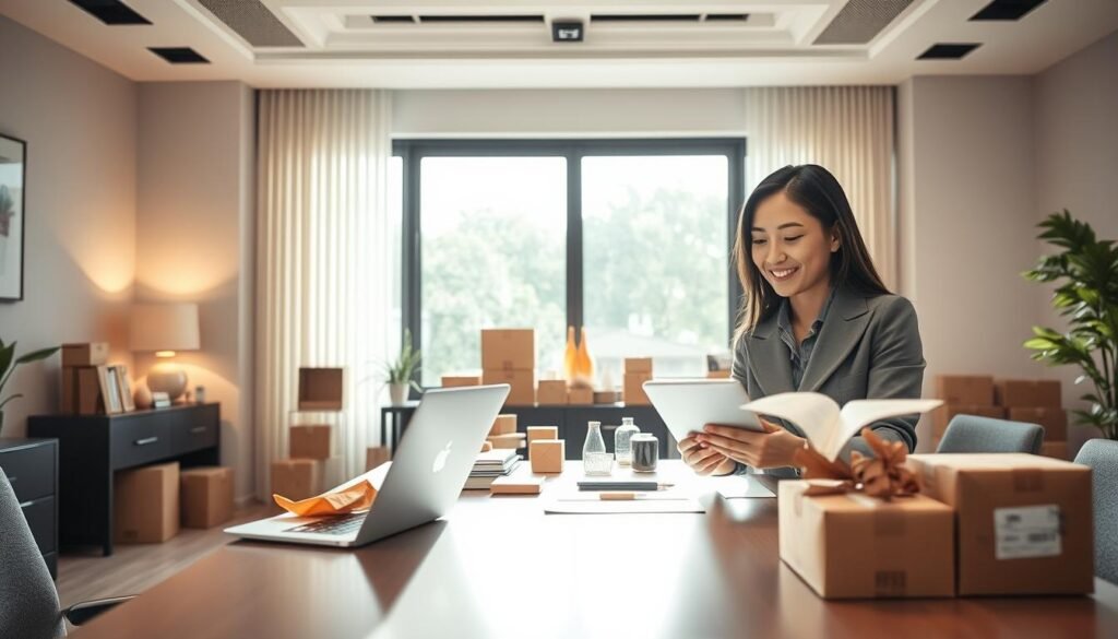 A serene and inviting office space representing the concept of "American Purchasing Services" in a modern context. In the foreground, a professional, modestly dressed Asian woman engaging with a laptop, showcasing her focus and expertise in online shopping. In the middle ground, a stylish desk filled with various globally-sourced consumer products, accompanied by neatly organized shipping materials. The background features a large window with natural sunlight streaming through, illuminating the space and creating a warm atmosphere. Soft, ambient lighting enhances the feeling of security and trust in the services being offered. The overall mood conveys reliability, professionalism, and the joy of a global shopping experience.