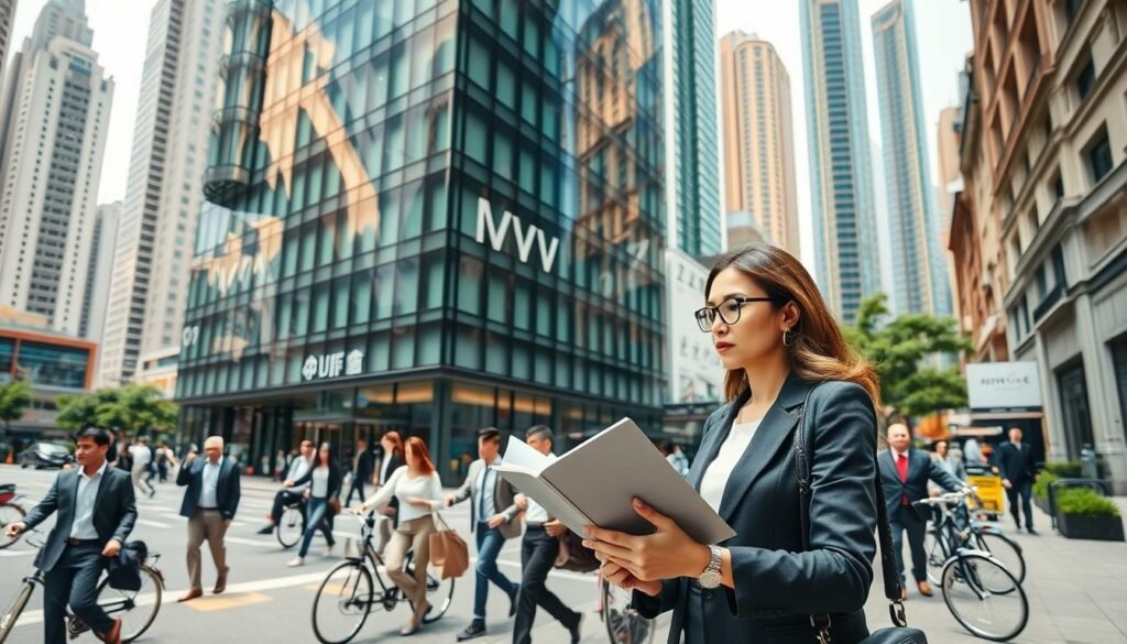 A vibrant street scene in Wan Chai, showcasing modern office buildings ideal for startups. In the foreground, a stylish woman in professional attire reviews a portfolio outside a sleek glass office building. The middle ground features a bustling street with diverse business professionals walking, bicycles parked, and cafes with outdoor seating. The background includes high-rise buildings, highlighting both traditional and contemporary architecture. The lighting is bright and inviting, suggesting a sunny day with soft shadows. The angle captures the energy of urban life, emphasizing a dynamic atmosphere conducive for entrepreneurial ventures, all while maintaining a clean, professional aesthetic without any text or distractions.
