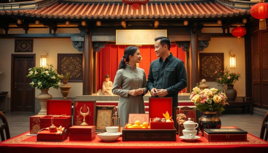 A beautifully arranged scene depicting the traditional engagement process in Taiwan, showcasing both Northern and Southern cultural elements. In the foreground, a table elegantly set with a traditional engagement gift display, featuring ornate red boxes, gold jewelry, and symbolic food items like fruit and tea. In the middle, a couple dressed in modest casual attire engages in conversation, reflecting the solemnity and joy of the occasion. The background should include traditional Taiwanese architectural elements, such as a temple or ancestral hall, softly illuminated by warm, ambient lighting to create a festive atmosphere. The angle should be slightly elevated, providing a comprehensive view of the scene while capturing the intimate and celebratory mood of Taiwanese engagement customs.