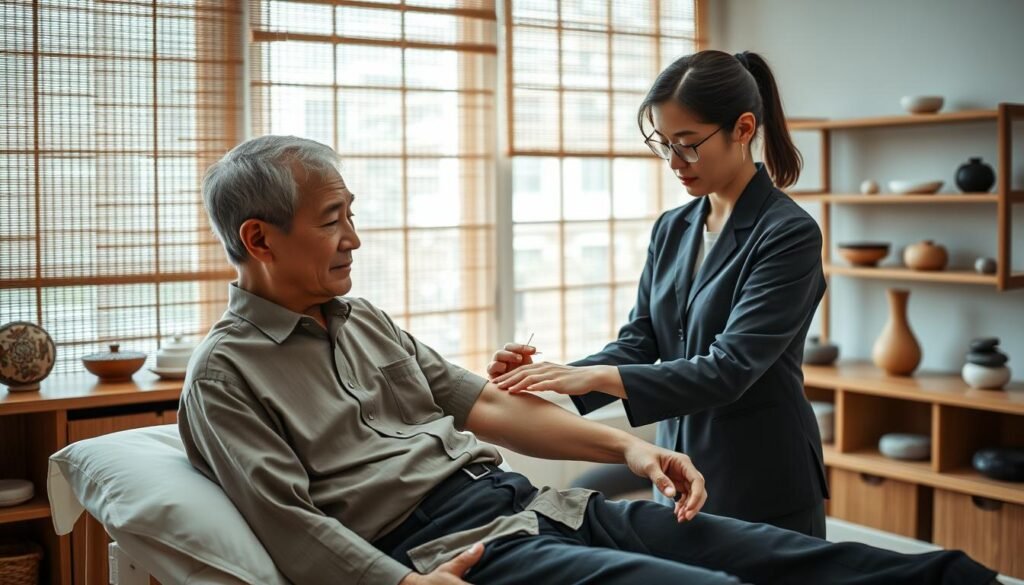 A serene acupuncture treatment room, softly lit with natural light filtering through bamboo window shades. In the foreground, an elderly Asian man sits comfortably on a treatment table, wearing a modest, loose-fitting shirt, looking relaxed and at ease. A licensed acupuncturist, a middle-aged Asian woman in a professional outfit, gently places fine needles along the man's arm and hand, demonstrating a precise and compassionate technique. In the background, shelves filled with traditional Chinese medicine herbs, and calming decorative elements like stones and plants create a tranquil atmosphere. The image conveys a sense of healing and relief, embodying the harmonious balance of traditional Chinese medicine and acupuncture in addressing rheumatic arthritis.